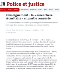 [LeMonde] Renseignement : la « surenchère sécuritaire » en partie censurée 