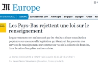 [LeMonde] Les Pays-Bas rejettent une loi sur le renseignement