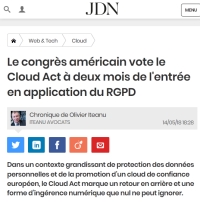 [JournalduNet] Le congrès américain vote le Cloud Act à deux mois de l'entrée en application du RGPD 