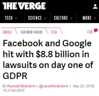 [TheVerge] Facebook and Google hit with $8.8 billion in lawsuits on day one of GDPR
