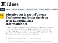 [LeMonde] Directive sur le droit d’auteur : l’affrontement factice des deux têtes du capitalisme informationnel