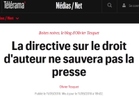 [Telerama] La directive sur le droit d'auteur ne sauvera pas la presse