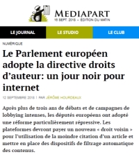 [Mediapart] Le Parlement européen adopte la directive droits d’auteur: un jour noir pour internet 