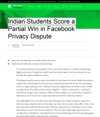 [Bloomberg] Indian Students Score a Partial Win in Facebook Privacy Dispute